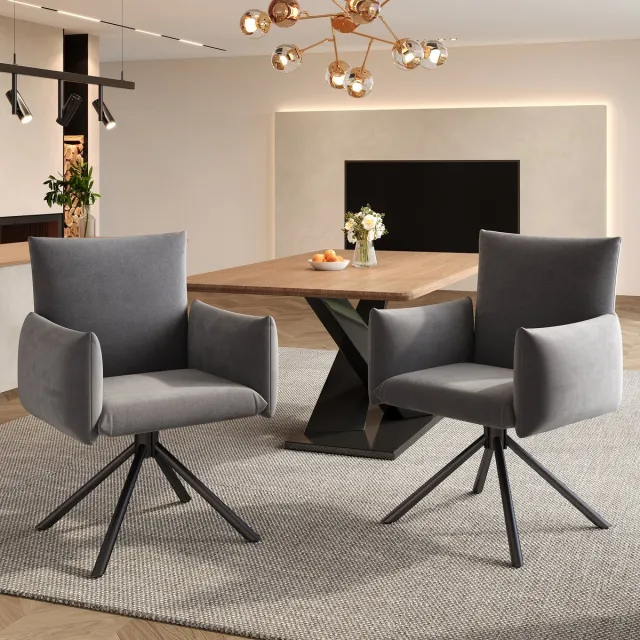 Zubaliya Set van 2 Velours Eetkamerstoelen Grijs – Draaibare Stoelen met Armleuning & Lendensteun – Metalen Poten