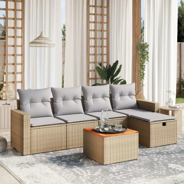 vidaXL 6-delige Loungeset met kussens poly rattan gemengd beige, foto 2