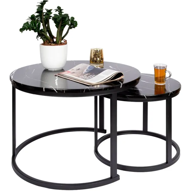Casamoda Salontafel set van 2 - ø 70/50 cm - Hoogte 45/38 cm - Bijzettafel Rond - Salon tafel Industrieel - Tafelblad Hout - Zwart Marmer