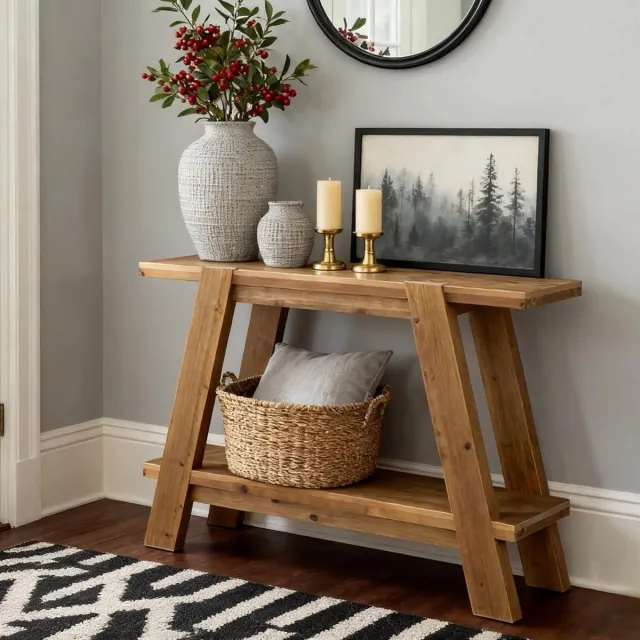 Little Trees Massief Hout Console Tafel Little Tree - 110cm Landelijk - 2-Laags Opbergruimte - Smalle Sidetable voor Hal, Gang & Woonkamer - Bruin