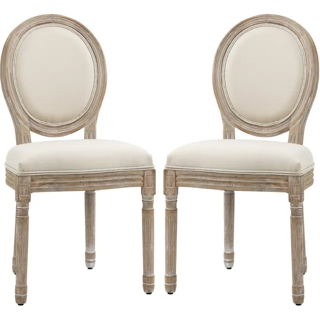 Lunpog Set van 2 eetkamerstoelen - Ladewijk XVI-stijl medaillonstoel - massief hout gesneden, gepatineerd - beige linnenlook