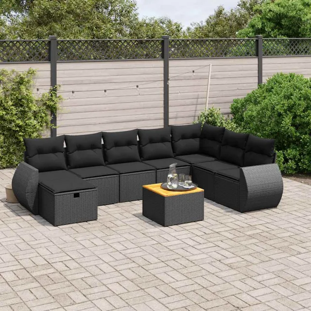 vidaXL 9-delige Loungeset met kussens poly rattan zwart, foto 2