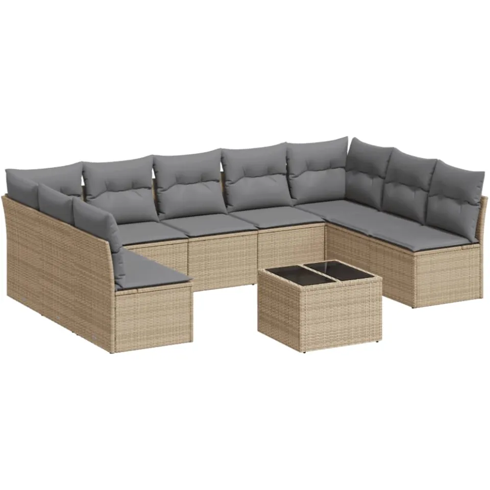 vidaXL 10-delige Loungeset met kussens poly rattan beige, foto 4