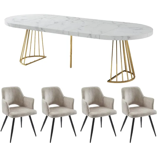 Vente-unique Set tafel FIRELA + 4 stoelen KADIJA - Wit marmereffect en beige