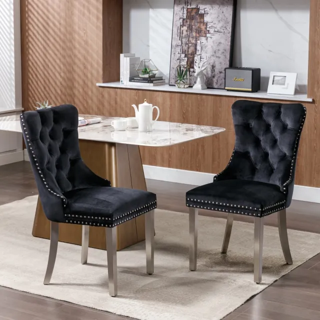 Welltin Eetkamerstoel - Set van 2 - Velvet - Eetkamerstoelen - Eettafelstoel - Keukenstoel - Modern Design - Zwart