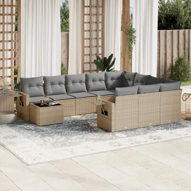 vidaXL 11-delige Tuinset met kussens poly rattan beige, foto 2