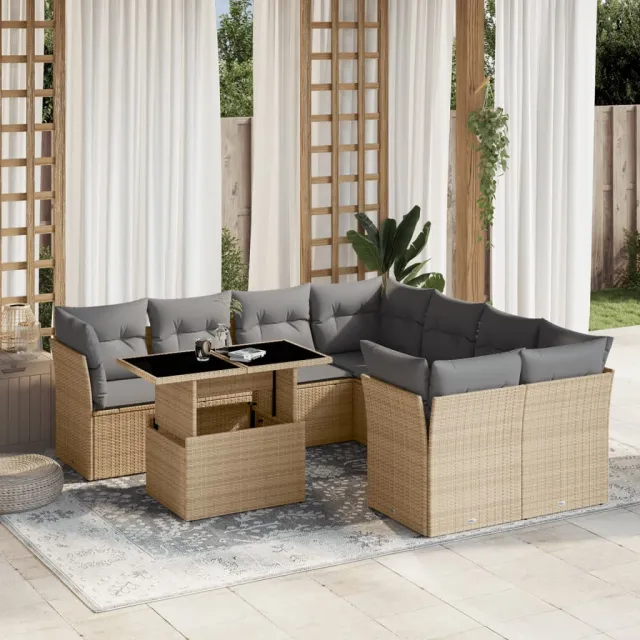 vidaXL 9-delige Loungeset met kussens poly rattan beige, foto 2