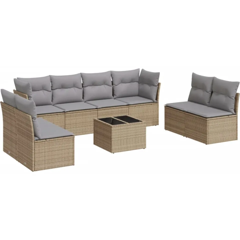 vidaXL 9-delige Loungeset met kussens poly rattan beige