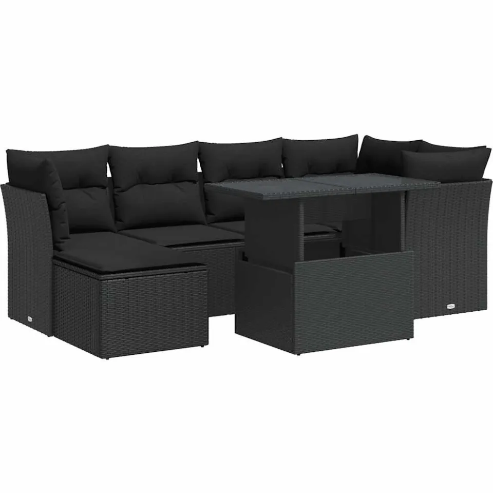 vidaXL 7-delige Loungeset met kussens poly rattan zwart, foto 3
