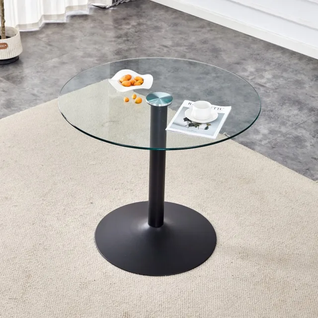 MIVRAY Eettafel - Ronde Glazen Tafel Met Gehard Blad - Modern Voor Eethoek En Caféruimte - Glas En Metaal - 85 x 85 x 76 cm - Zwart Transparant