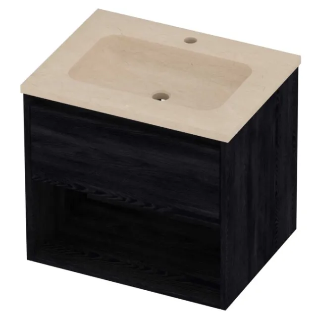 Proline Rollo Badmeubelset Hardsteen Elegant 1 Kraangat Met Schap 60x46x54 cm Sand Stone Black Oak Eiken