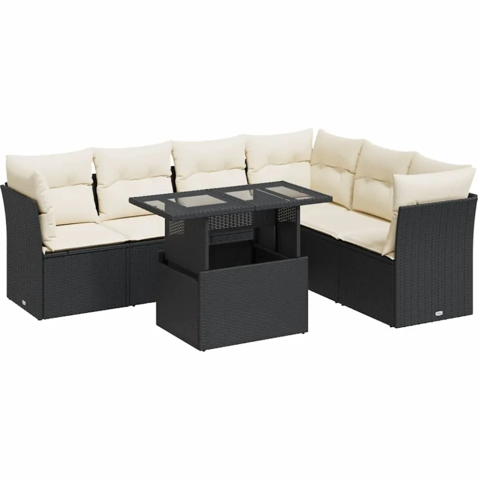 vidaXL 7-delige Loungeset met kussens poly rattan zwart, foto 3