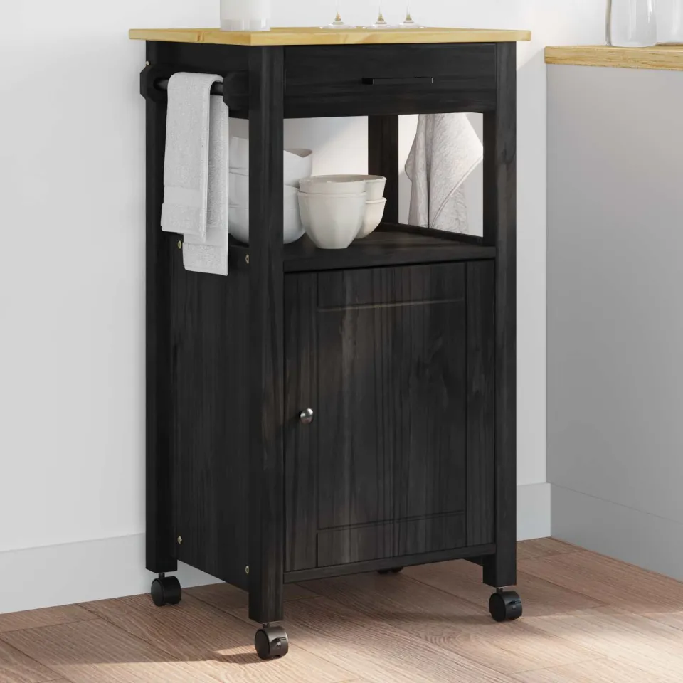 vidaXL Keuken Trolley MONZA Zwart 48 x 40 x 88,5 cm Massief Vurenhout, foto 3