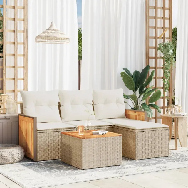 vidaXL 5-delige Loungeset met kussens poly rattan beige, foto 2