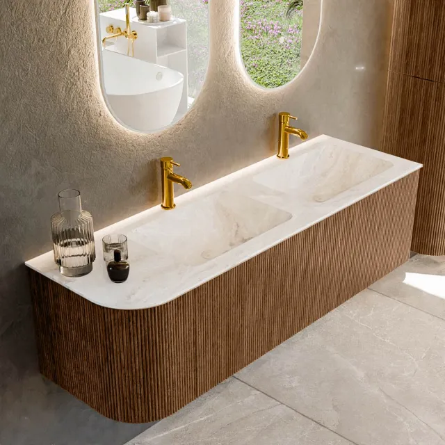 Mondiaz KURVE-DLUX 145 cm Onderkast Greeploos 1 Lade Met Deuren Walnut, Wastafel Solid Surface Rechts Frappe 2 Kraangaten Zonder Spiegel (KRVLEA145L1L1D2KD-Wal/Fra)