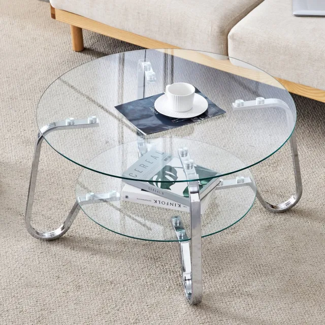 STILVORA Salontafel - Ronde Dubbele Glazen Tafel Met Open Opbergruimte - Voor Woonkamer En Kleine Ruimtes - Metaal Glas - Zilver - 80x80x45 Cm