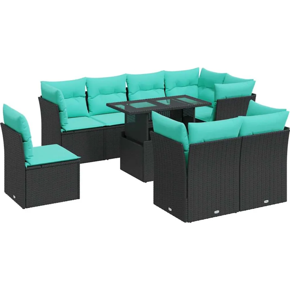 vidaXL 9-delige Loungeset met kussens poly rattan acacia zwart, foto 3