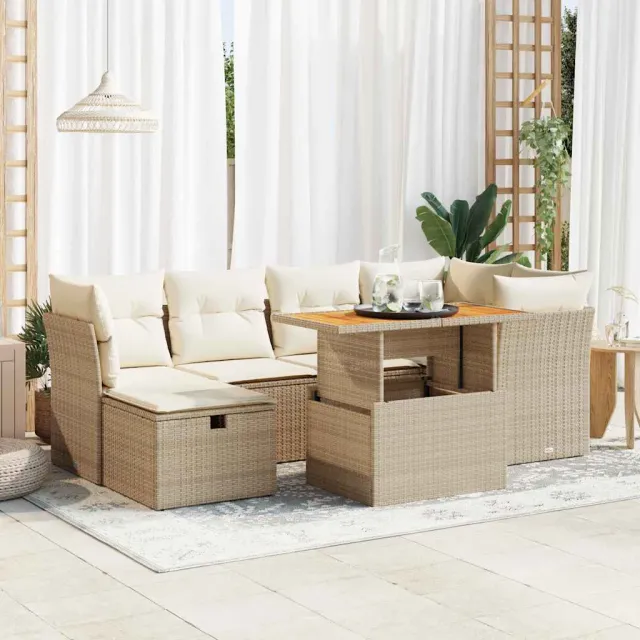 vidaXL 7-delige Loungeset met kussens poly rattan acacia beige, foto 2