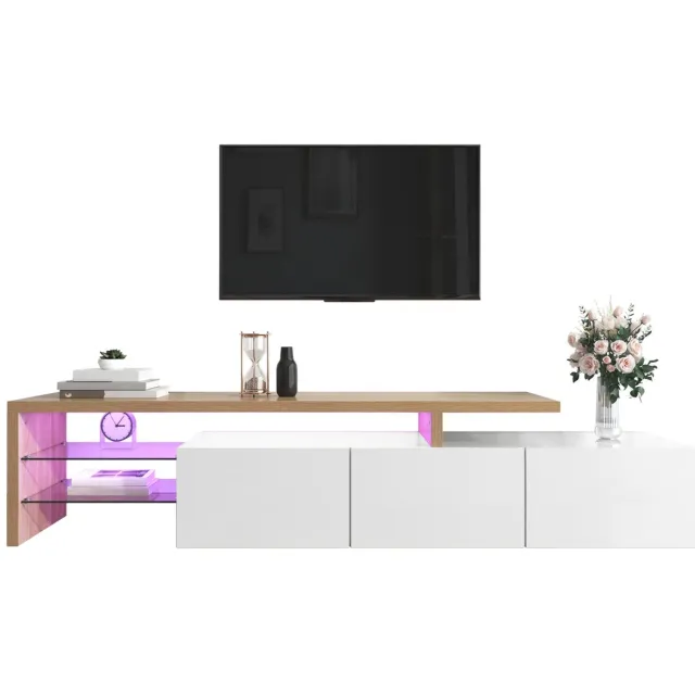 MEUBLE COSY TV Meubel - 198 cm Met Led Verlichting En Glasplaat - Hout en Wit