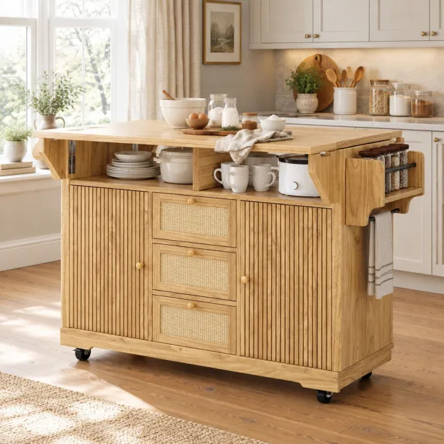 WUVRIE Opklapbare keukenwagen 142,5x80x95 cm - PE-rattan lades en opbergruimte - Naturel Naturel houtkleurig