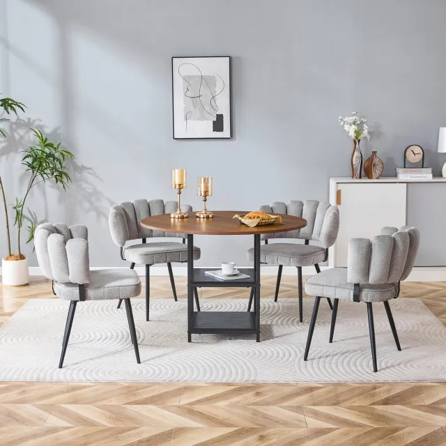 MODENUIT Eettafelset 4 Persoons 107 cm - Ronde Tafel Met Dubbele Opberglagen - Voor Kleine Eetkamer - MDF En Metaal - Grijs Walnoot Grijs, Walnoot, Zwart