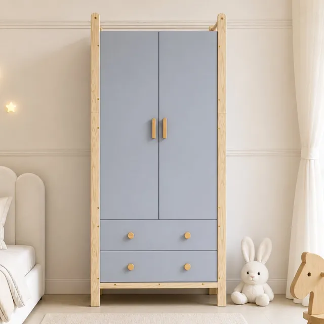 Sweiko Kledingkast - met kledingstang - 2 lades - Grenenhouten frame - Spaanplaat - 90 × 45 × 180 cm - Blauw