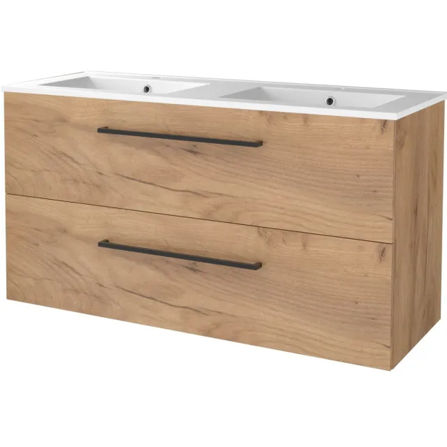 Boss & Wessing Badmeubelset BWS Salt 120x46cm Met Grepen 2 Lades Met Wastafel Porselein 2 Kraangaten Whisky Oak Bruin