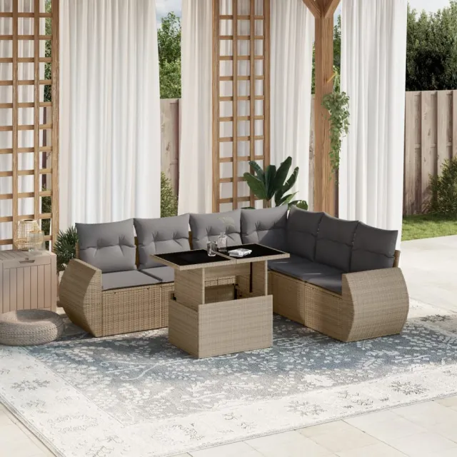 vidaXL 7-delige Loungeset met kussens poly rattan beige, foto 2