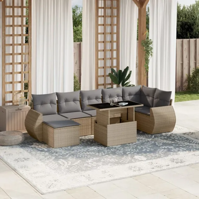 vidaXL 8-delige Loungeset met kussens poly rattan beige, foto 2