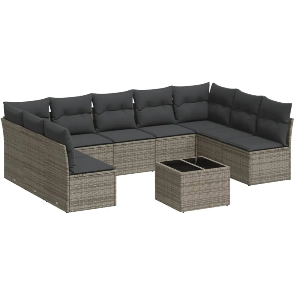 vidaXL 10-delige Loungeset met kussens poly rattan grijs