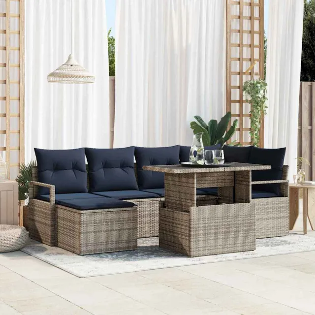 vidaXL Tuin Sofa Set 7 st Grijs en Marineblauw Poly riet, foto 2