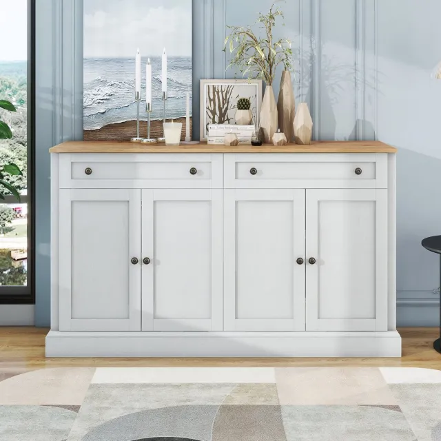 MODFU Sideboard - 4 Deuren En 2 Laden - Verstelbare Planken - Moderne Retro Stijl - Wit En Naturel - 150 X 40 X 86 Cm Natuurlijk hout