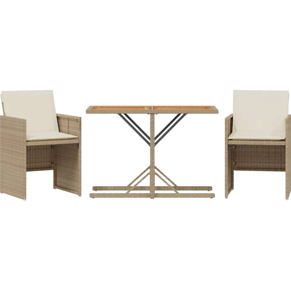 vidaXL 3-delige Bistroset met kussens poly rattan beige, foto 3