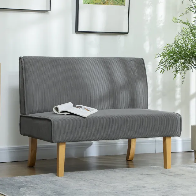 MEUNIQ 2-zitsbank 110 x 62 x 85 cm zonder armleuningen met corduroy-look, grijze polyester bekleding en houten poten, compacte zitbank voor woonkamer of slaapkamer Grijs