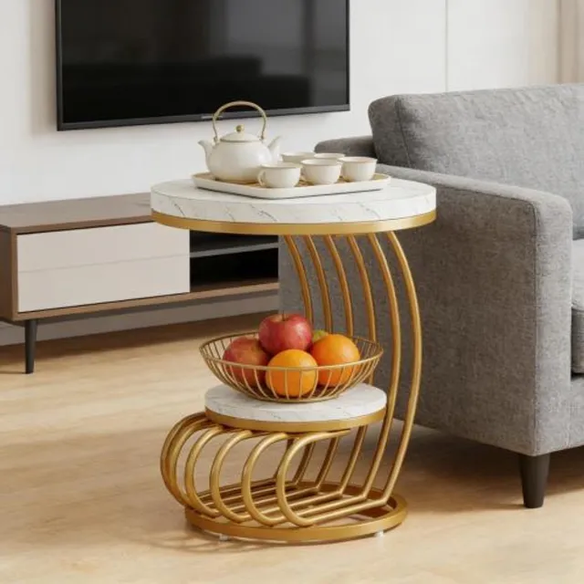 REDOM Bijzettafel - 2-laags ontwerp - Ronde tafel met opbergplank - Metalen frame - Design stijl - Kunstmarmer en metaal - Wit en goud - 50 x 50 x 63 cm