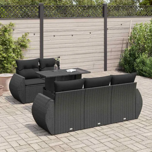 vidaXL 6-delige Loungeset met kussens poly rattan zwart, foto 2