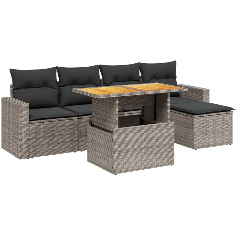 vidaXL 6-delige Loungeset met kussens poly rattan grijs, foto 3