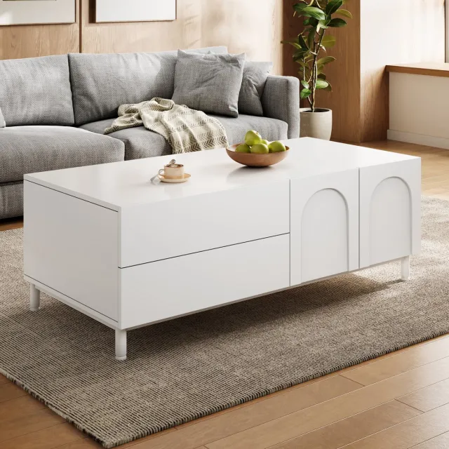 MIVRAY Salontafel - Rechthoekige Opbergtafel Met Lades En Deuren - Modern Voor Woonkamer - Wit - 100 X 50 X 39,5 Cm
