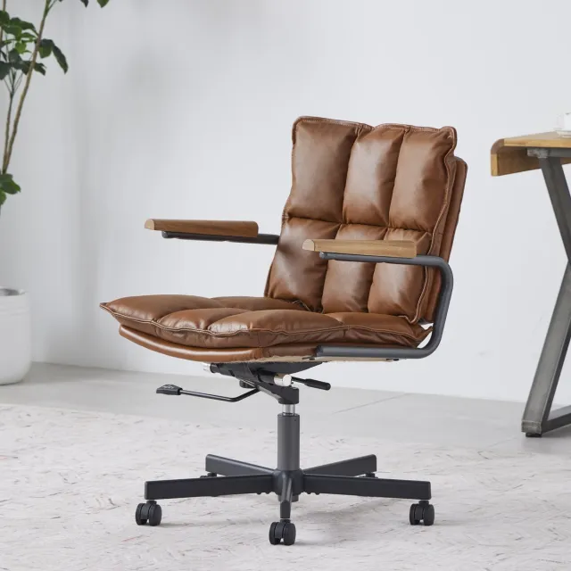 REDOM Bureaustoel - Ergonomische rugsteun - In hoogte verstelbaar en draaibaar - Met wielen en eikenhouten armleuningen - Leer en metaal - Bruin - 65 x 46 x 97 cm
