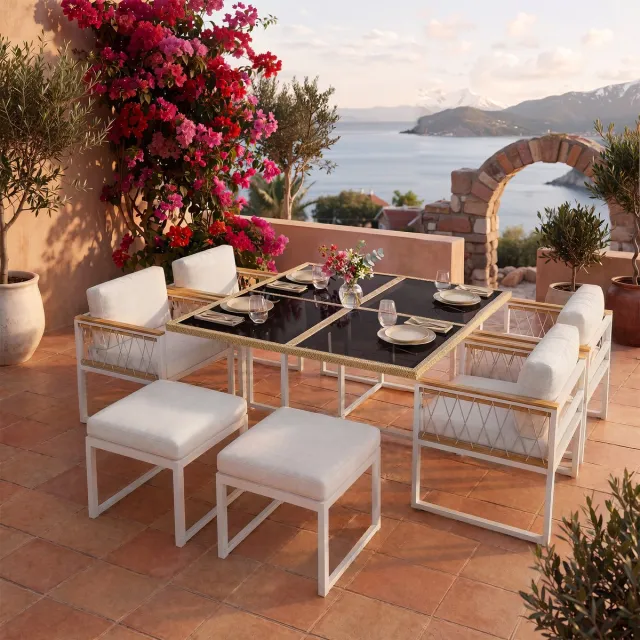 Clruro Tuinmeubelset - 7-delig - Eettafel + Stoelen Voor 6 Personen - Gehard Glas + Polyester Seil + WPC Armleuningen - Grijs wit