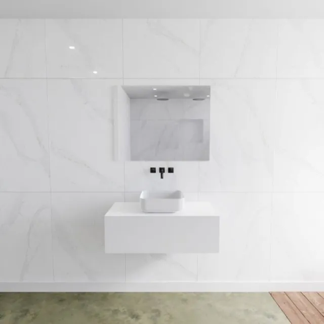 Mondiaz Badkamermeubelset Mondiaz LAGOM 90 cm met Topblad Gecentreerde Wastafel Solid Surface Opzetkom Binx Zonder Kraangaten Mat Wit (1 lade)
