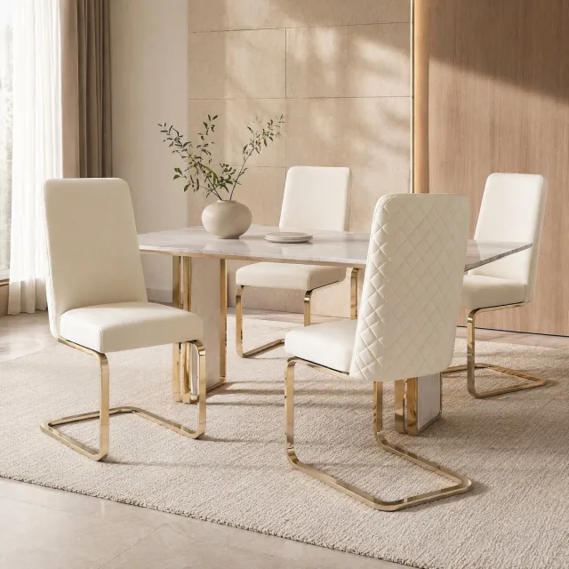 COVREO Eetkamerstoel set van 2 88 cm beige velvet met metalen onderstel en ruitstiksel