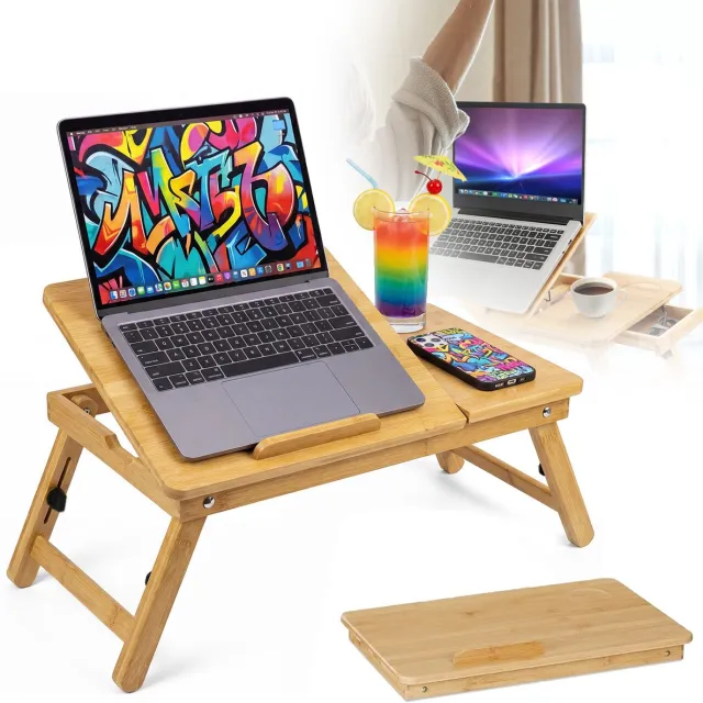 BENALLA Bamboe Laptoptafel - Multifunctionele Laptoptafel Voor Op Bed - Ontbijtdienblad - In Hoogte Verstelbare Opklapbare Poten Houtkleur