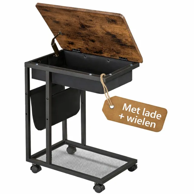 Signature Home Bijzettafel - bijzettafel met Lade en Wielen - Laptoptafel voor Bank - Verrijdbare Bijzettafel Woonkamer - Industrieel Bruin/Zwart - 50x35x60 cm Bruin - Zwart
