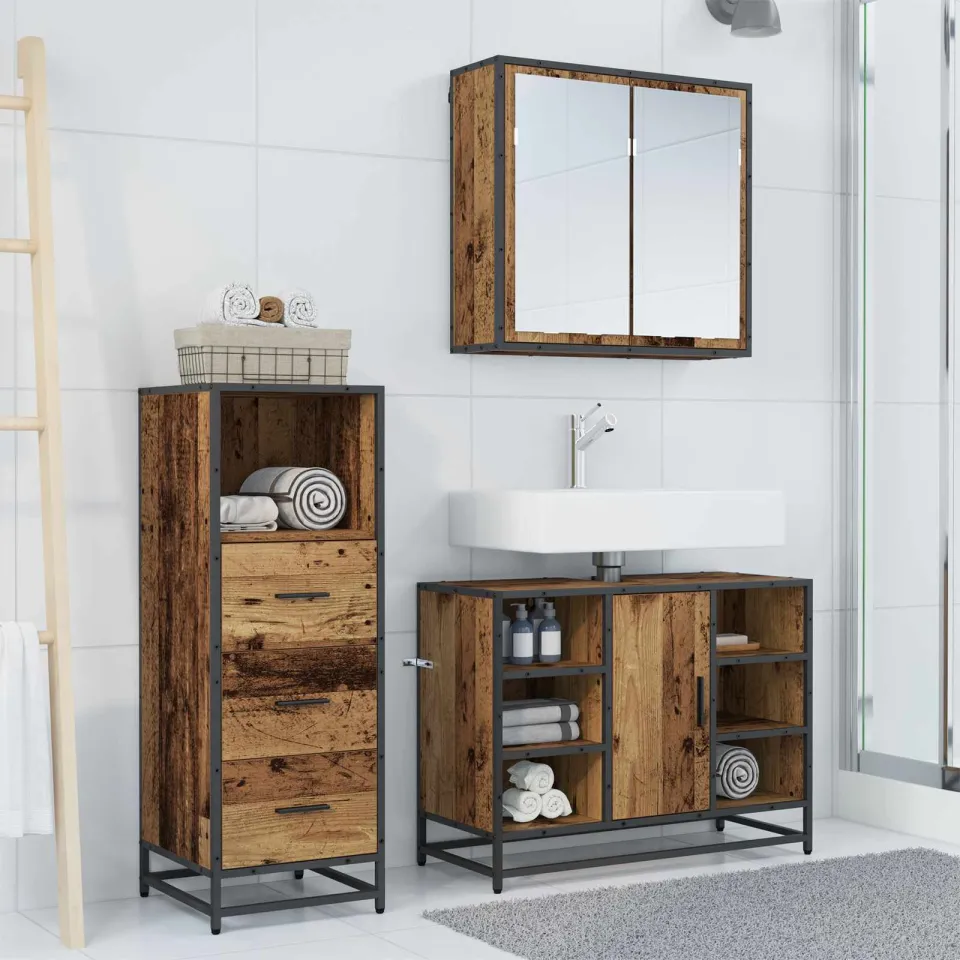 vidaXL Badkamermeubelset 3 st Oud Hout 80 x 33 x 60 cm Bewerkt hout bruin, foto 3