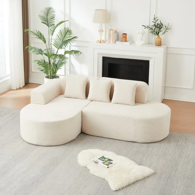 Wishdor L-vormige hoekbank - Gebogen chaise longue en armleuningen - Drie kussens - Moderne zitbank voor woonkamer speelkamer ontspanningsruimte - Cordstof - Beige - 220 x 155 x 70 cm