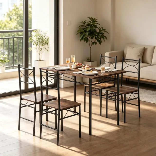 MODFU Eetkamerset-Modern-Rustiek Bruin-Zwart-Metaal-4 Stoelen