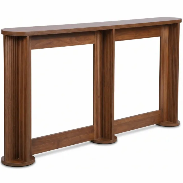 SensaHome Japandi Consoletafel – Sidetable met Geribbelde Kolomvoeten – Ovaal Tafelblad – 180x20x80 cm – Walnoot
