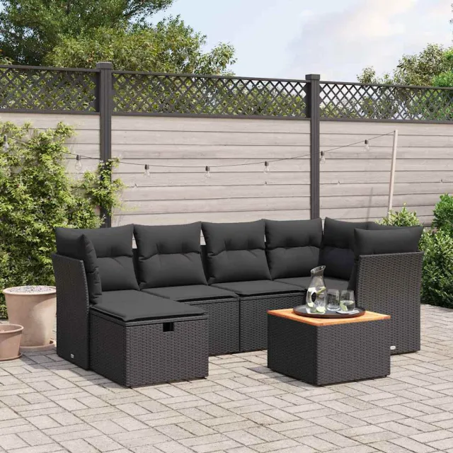 vidaXL 7-delige Loungeset met kussens poly rattan zwart, foto 2