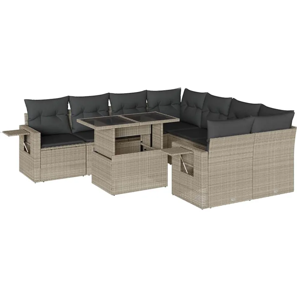 vidaXL 9-delige Loungeset met kussens poly rattan lichtgrijs grijs, foto 3